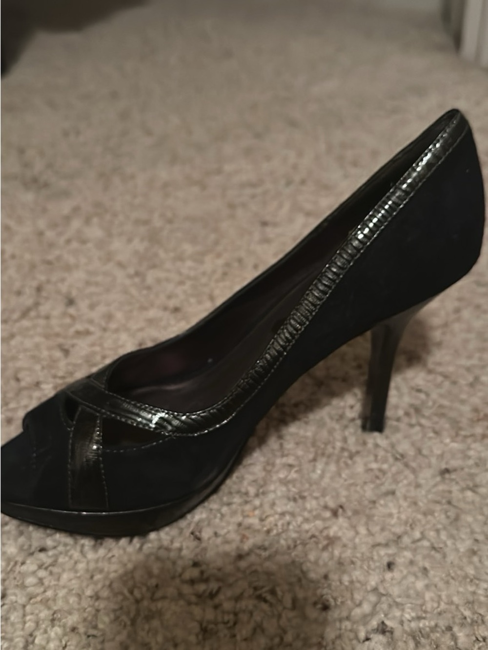 Isola midnight blue Suede Peep-Toe Heels with Patent Trim